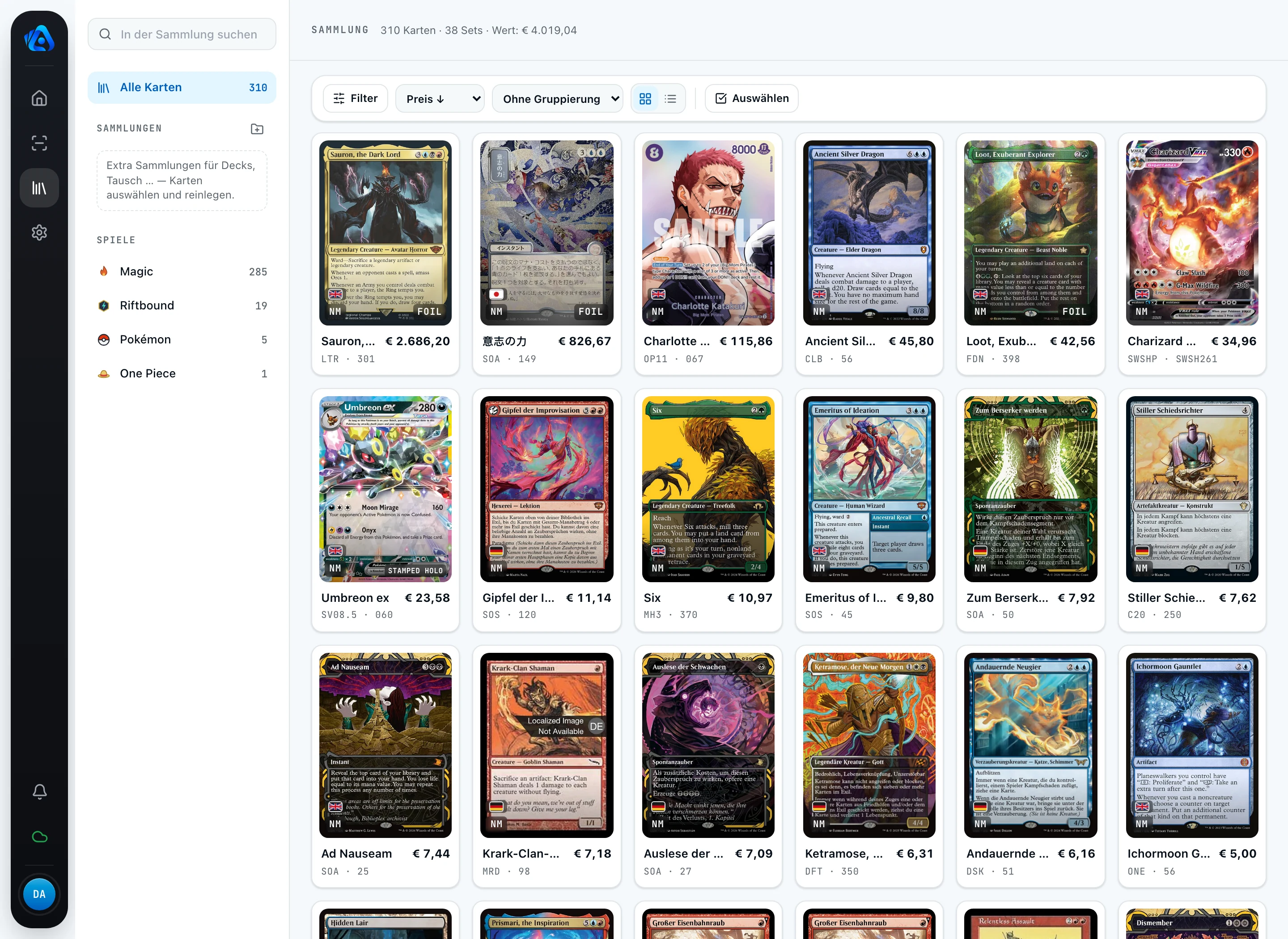 TCG Actana Desktop-Sammlung als Kartenraster mit Zustand, Sprache, Finish und Marktwert je Karte