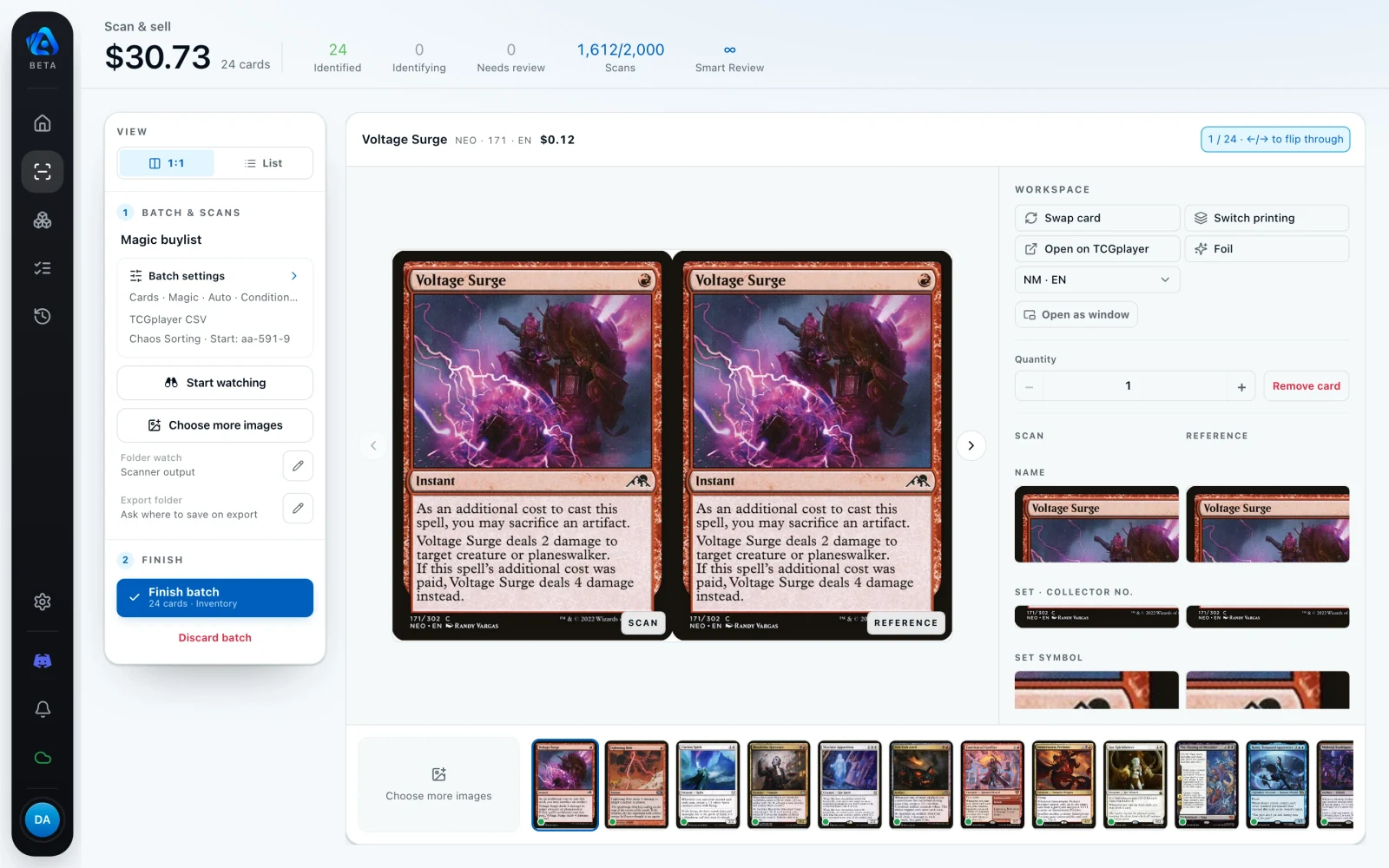 TCG Actana desktop scanner in side-by-side view: scan and catalog image next to each other, card strip below